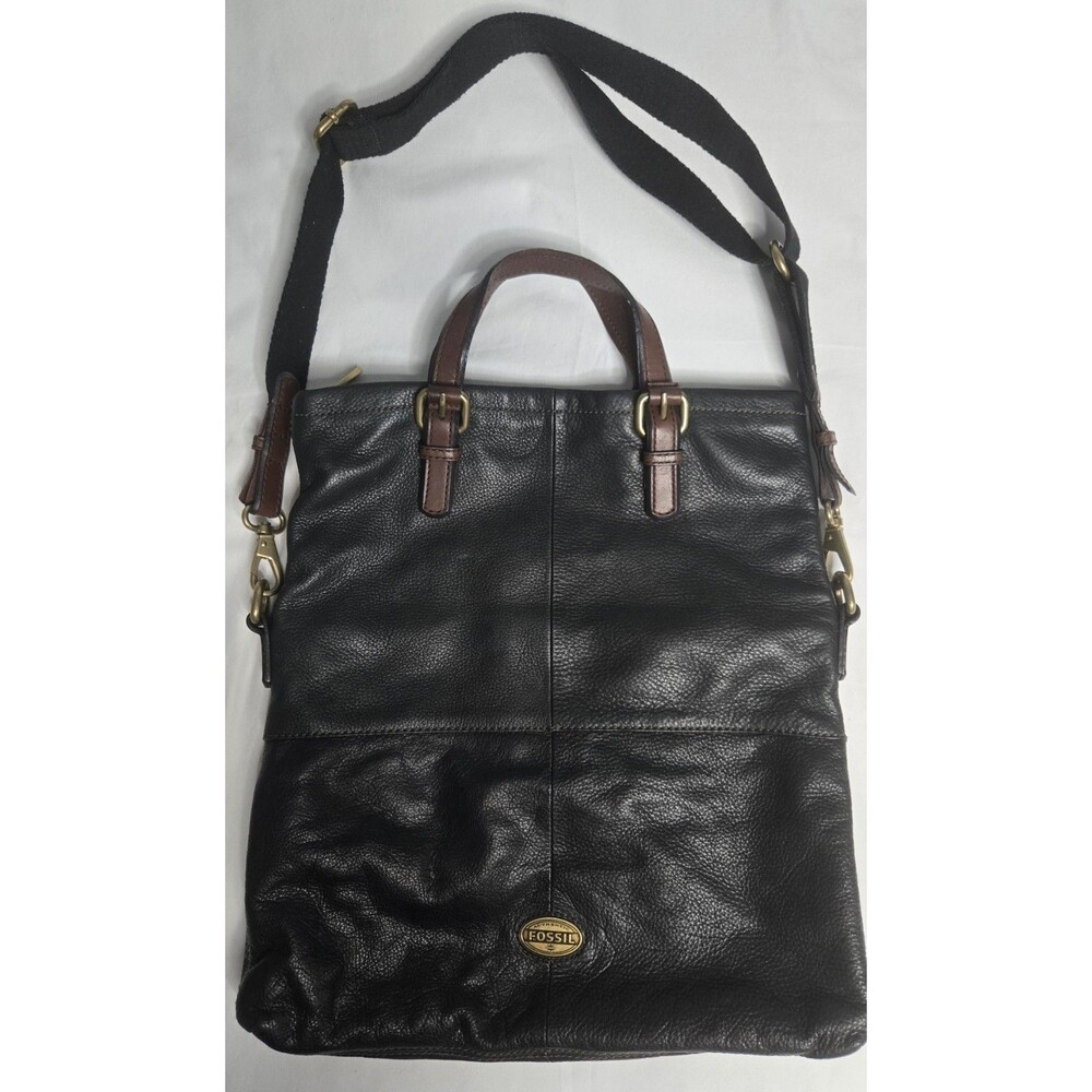Fossil Explorer XL Black Leather Fold Over Crossbody Hobo Tote Shoulder Bag